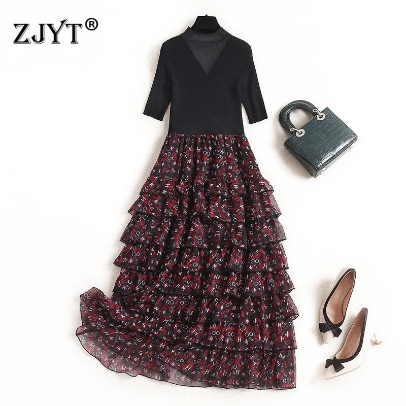 

Spring Summer Designer Women Dress New 2020 Fashion Half Sleeve Sexy Knitting Patchwork Ruffled Layered Chiffon Party Dresses