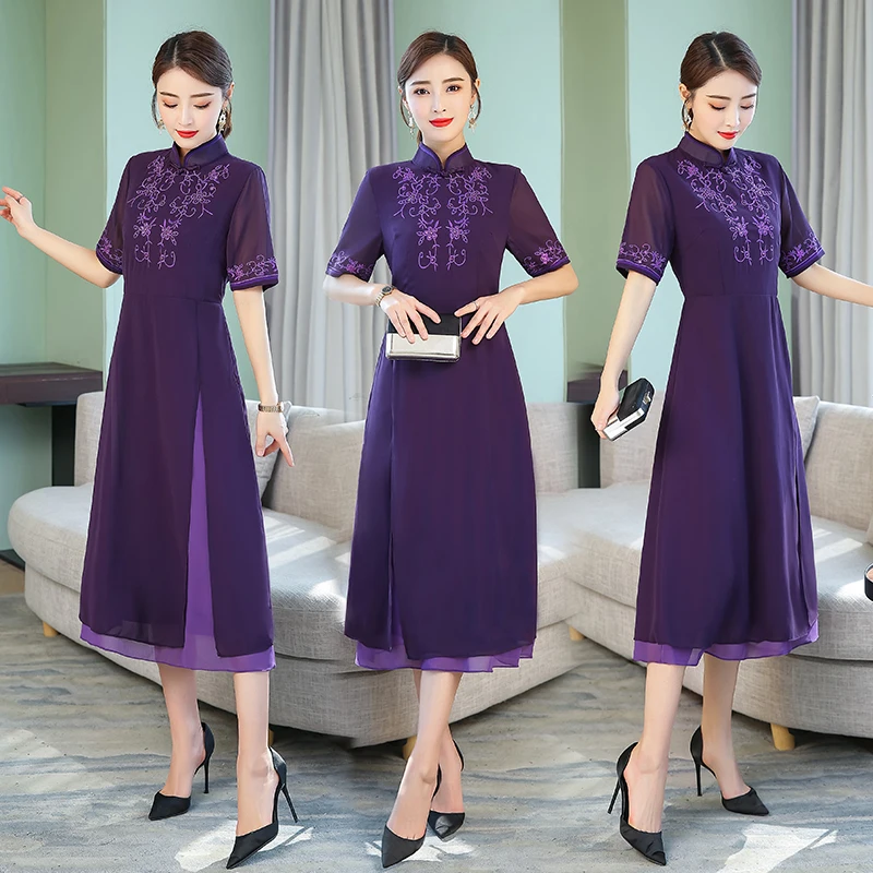 Короткий рукав фиолетовый Вечерний вышивка Cheongsam современный женский qipao |