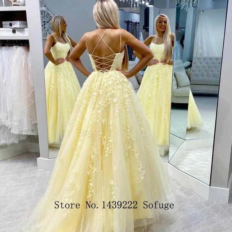 

Real Pictures Yellow Spaghetti Straps Evening Dresses Prom Lace Applique Vestidos De Fiesta De Noche Robe De Soiree Plus Size