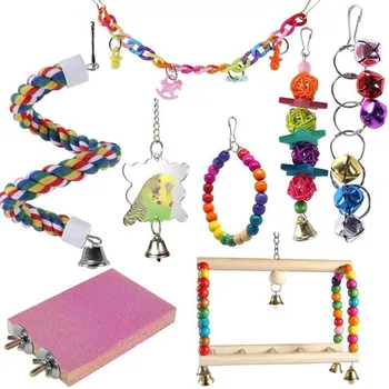 

Bird Toys Parrot Swing Hanging Toy with Colorful Wooden Beads Bells and Pet Bird Cage Parrot set toy Accessories #WS
