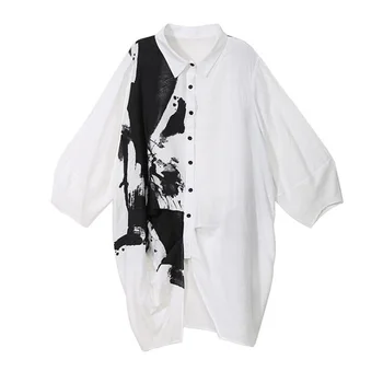 

European and American dresses 2020 autumn and winter new large size women's print mid-length loose shirt black and white dress