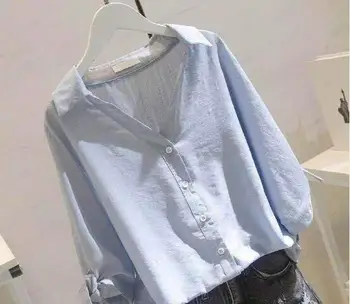 

2020 Fall New Tops V-neck Solid Color Sleeve Loose Casual Ladies Shirt ZYA35-01-10