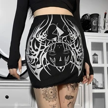 Gothic Sexy High Waist Print Pencil Womens Skirts Harajuku Skinny Straight Black Skirts Y2k Punk Party Nightclub Short Skirt