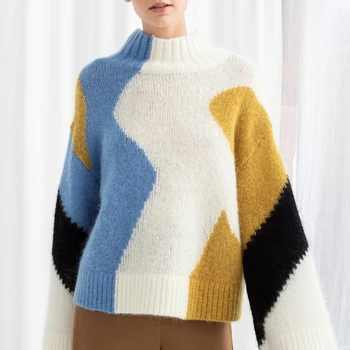 

Women Sweater 2019 Fall Winter New Wool Blend Contrast Wide Sleeve Sweater