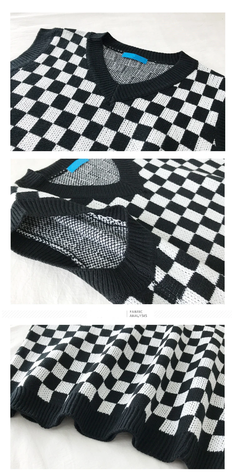 H0ec751bea6ad4f7f95c120f93b26edb2u - Autumn V-Neck Sleeveless Black And White Plaid Knitted Vest