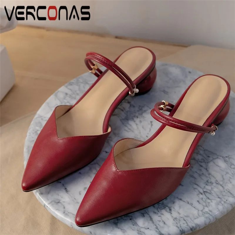 

VERCONAS Women Half-Drag Flats Genuine Leather Pointed Toe Slippers Basic Shoes Sandals High Heels Summer Concise Shoes Woman