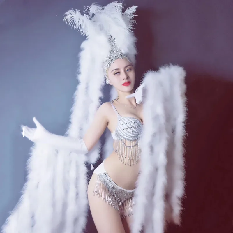 

Festival Party Nightclub Bar Women Stage Outfit Shining Crystals Bikini White Feathers Headdress Sexy DJ Dancer Catwalk Costumes