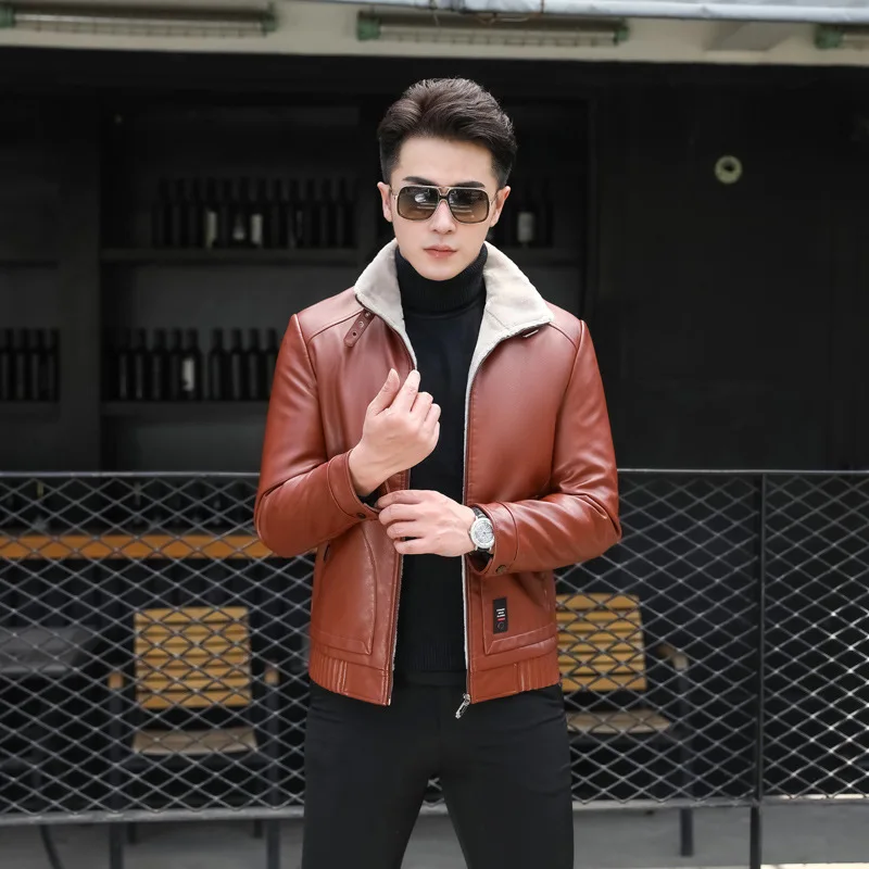 

Haining Winter New Style Fur Coat Men Fold-down Collar Artificial Leather Leather Coat Brushed And Thick Leather Jacket Men's