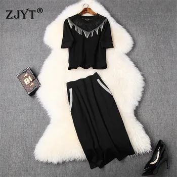 

Fashion 2020 Summer 2Piece Set Women High Quality Designers Short Sleeve Lace Patchwork Beading Tassel Top and Skirt Suit Sets
