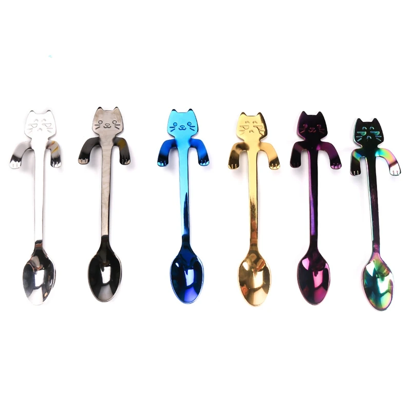 

Cute Cat Teaspoons Stainless Steel Cartoon Cat spoons Creative Ice Cream Dessert Long Handle Coffee&Tea Spoon Tableware