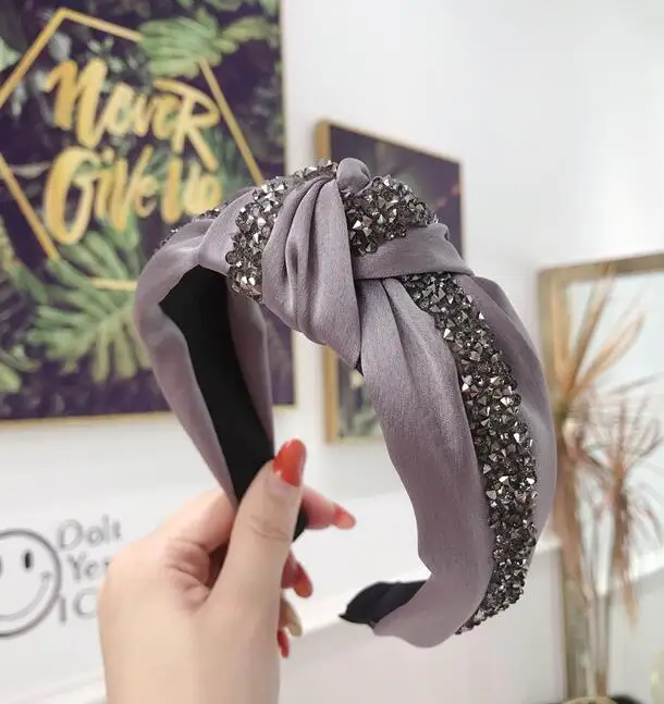 Fashion Shining Rhinestone Hairband Headband Women Wide Side Headwear Solid Casual Headwear Turban Hair Accessories Wholesale - Цвет: gray hairband