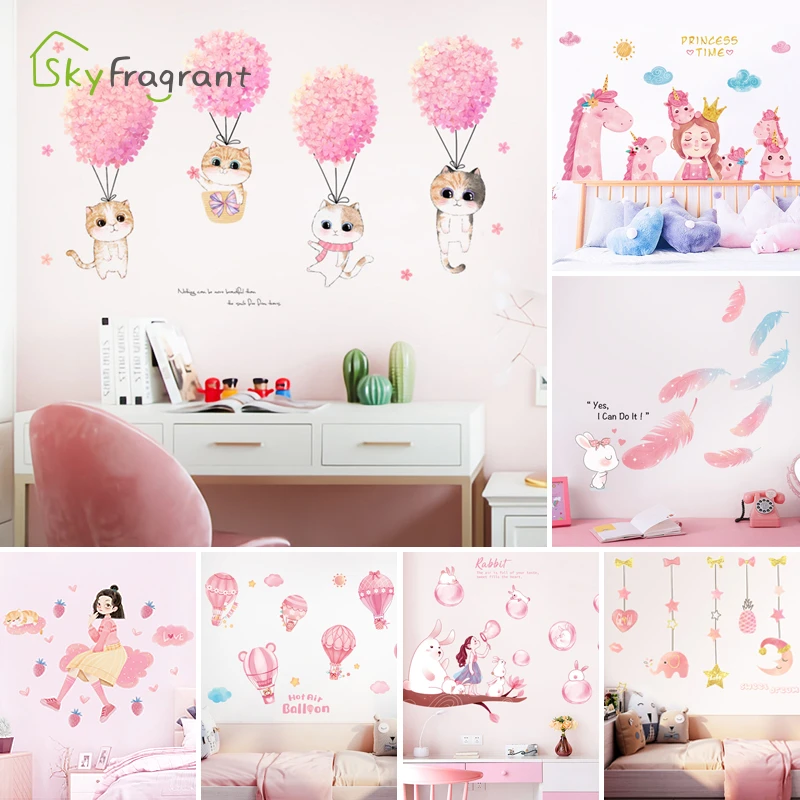 Roze Hortensia Ballon Kat Meisjes Kamer Zelfklevende Slaapkamer Tv Achtergrond Home Decoratie Kinderkamer Decor Stickers|Wall Stickers| - AliExpress