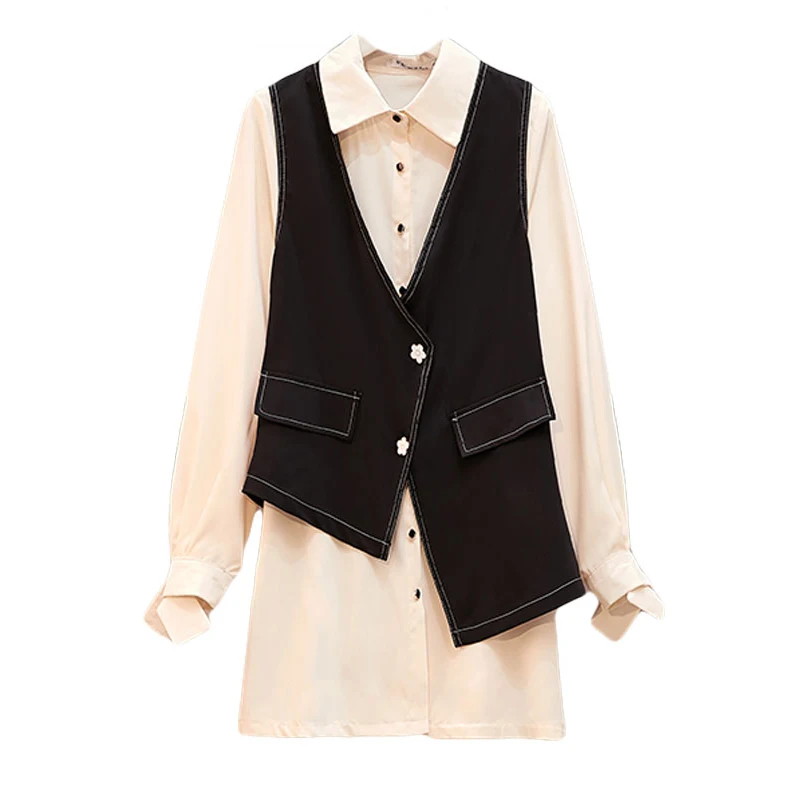 

PERHAPS U black white two pieces set shirt dress office lady asymmetrical vest elegant turn down collar autumn mini short D1334