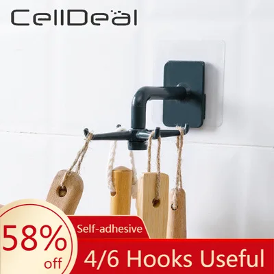 

4/6 Hooks Practical No Punching Hanging Hook Heavy Duty Kitchen Tool Self-adhesive Hook Space Saving Organizer Wall Mounted Hook