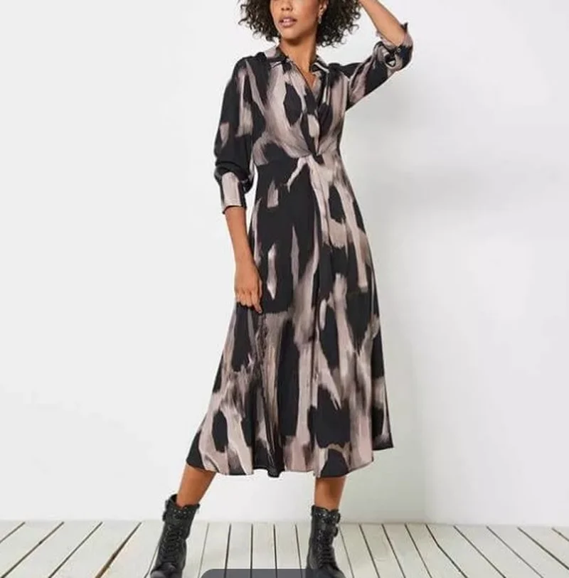 

100% искусственный шелк Осень леопардовый узор Интеллектуальный зрелый сексуальный отворот Талия узелковое Плиссированное длинное платье с длинными рукавами