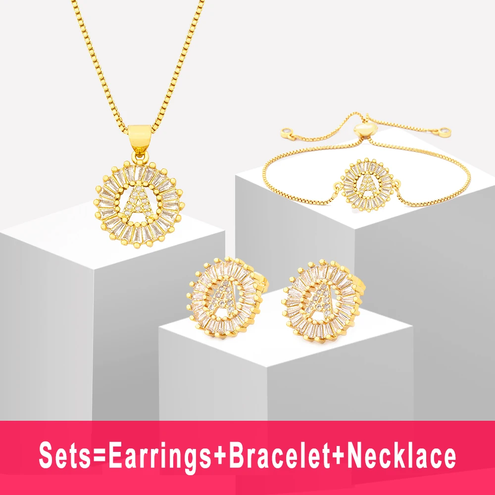 Hot Sale 26 Letters Jewelry Sets Necklace+Earrings+Bracelet For Women Initial Alphabet Charm Copper Zircon Party Wedding Gift - Image 3