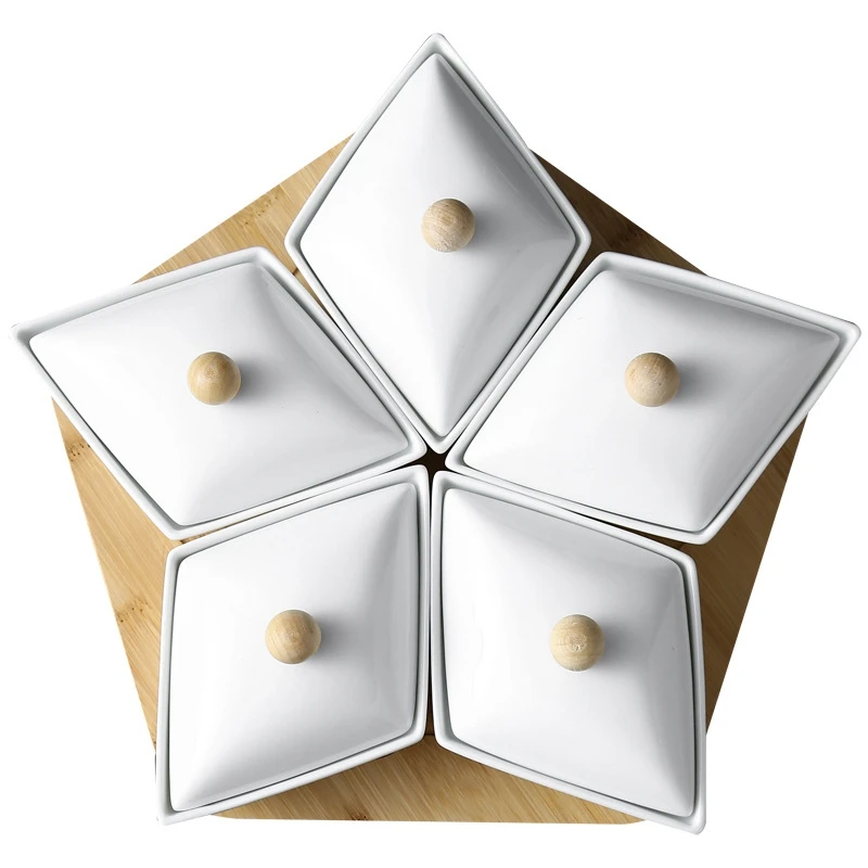 

Fashion Ceramic Household Creative Dried Fruit Box Ceramic Sub-Divided Snack Plate Fruit Plate with Lid Kitchen Supplies