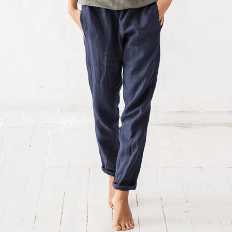 Брюки ZANZEA женские осенние летние повседневные длинные брюки хлопковые карманы Pantalon Femme плюс размер эластичный пояс винтажные брюки 5xl - Цвет: Navy