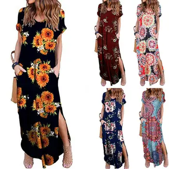 

Women Summer Boho Floral Casual Short Sleeve V Neck Split Loose Long Maxi Dress
