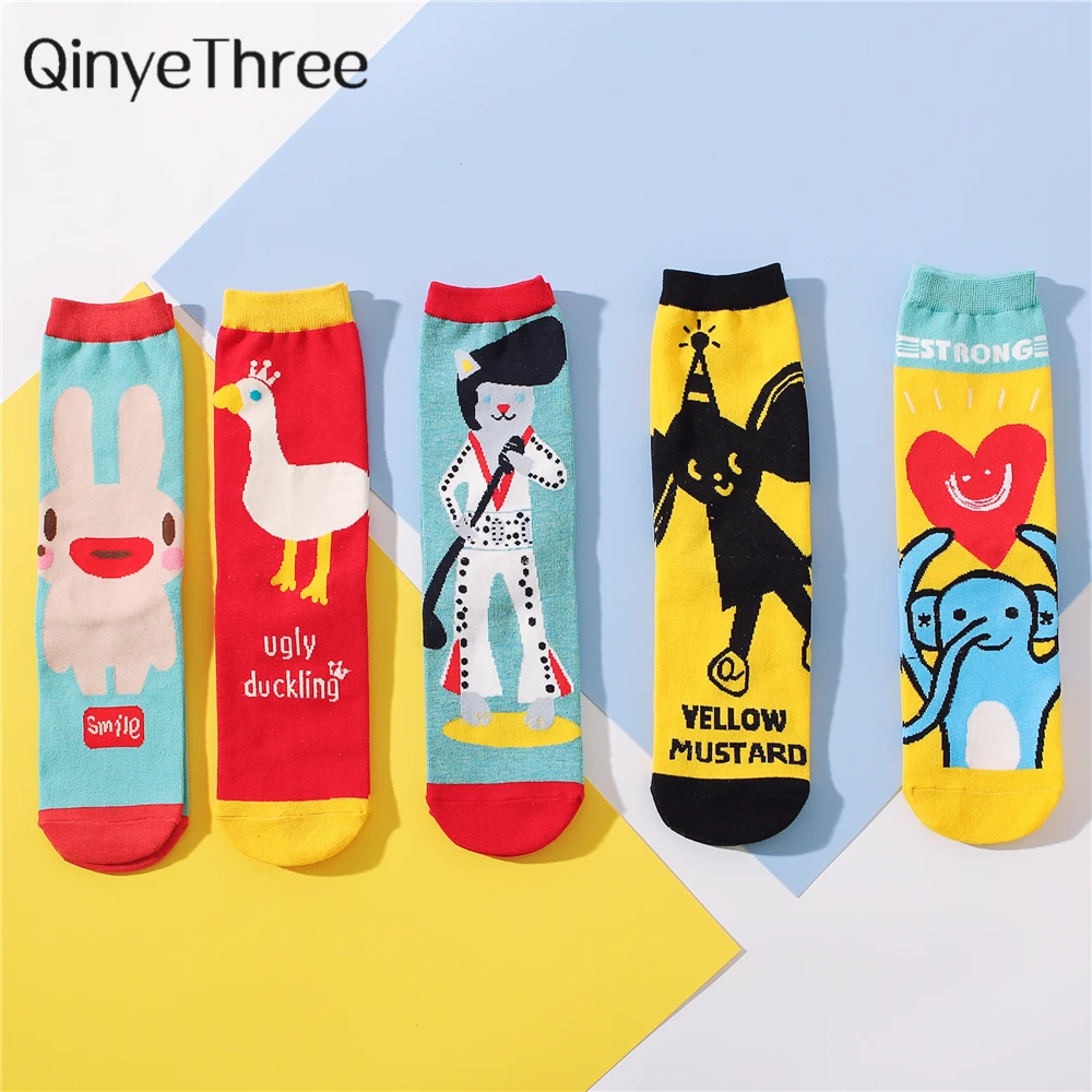 New Happy Funny Cartoon Smile Rabbit Ugly Duckling Cosplay Rock Singing Cat Strong Elephant Yellow Mustard Novelty gift Socks | Женская