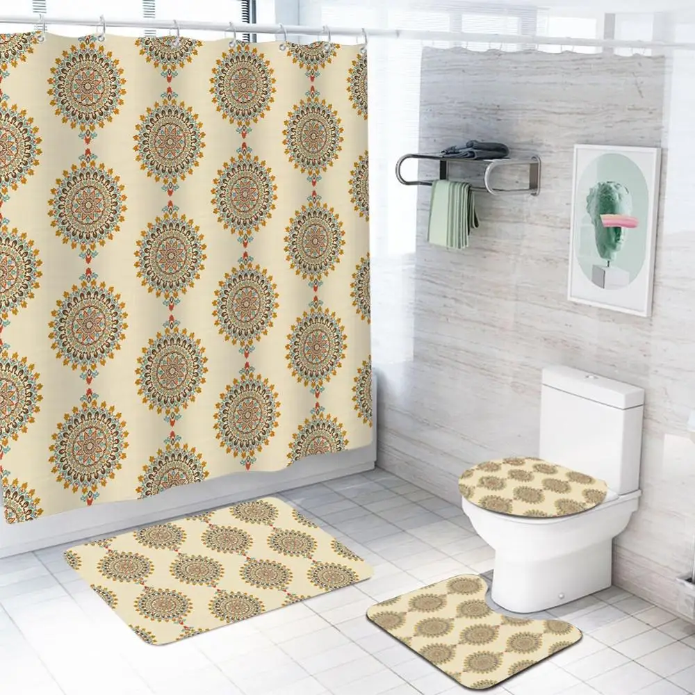 

Shower Curtain Set Simple Geometric Pattern Square Cushion 3-Piece Soft Bathroom Set Bathroom Mat Contour Carpet Toilet Cushion