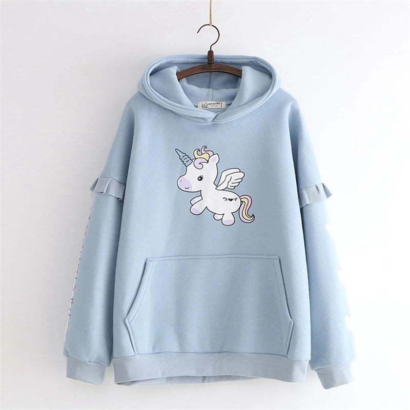 Merry Pretty женские толстовки с капюшоном и принтом единорога из мультфильма с ушками на капюшоне зимние Лоскутные пуловеры с капюшоном и оборками