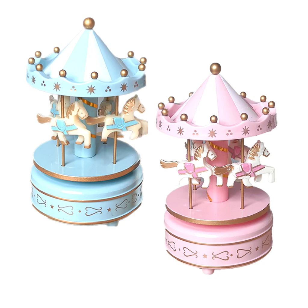 Wooden Horse Merry-Go-Round Carousel Musical Boxes for Kids Children Toy Christmas Birthday Gifts Home Tabletop Cafe Decor