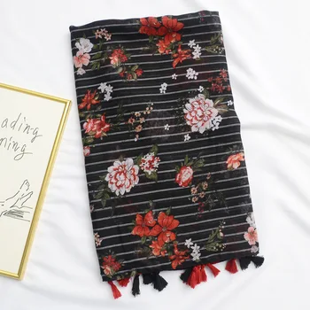 

New black printed beach towel stripes tassel long Shawls and Scarves