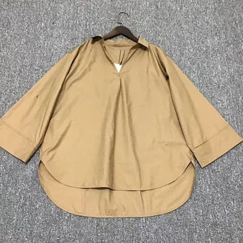 

Women's Blouse Wide Sleeve Turn-down Collar Solid Color V-neck Arc Hem Shirt Early Autumn