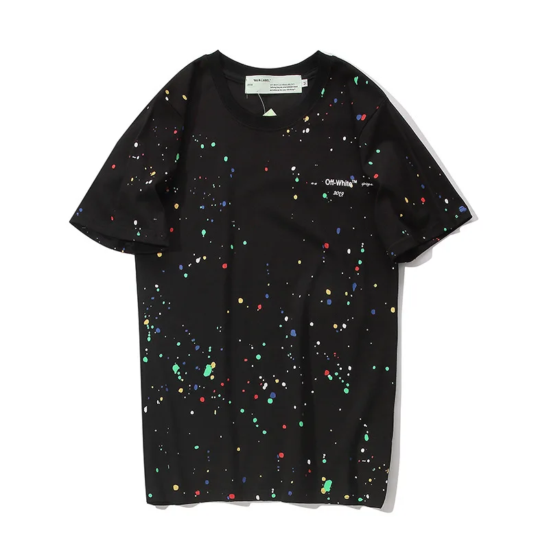 

2019off White Short Sleeve T-shirt Crew Neck Full Body Printed Star Fireworks Ink Dotted Men And Women Unisex Black And White wi