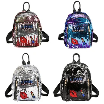 

Changeable Sequins Backpack Lips Glitter School Bag Girls Cute PU Leather Laser Double Shoulder Bag Women Travel Backpack