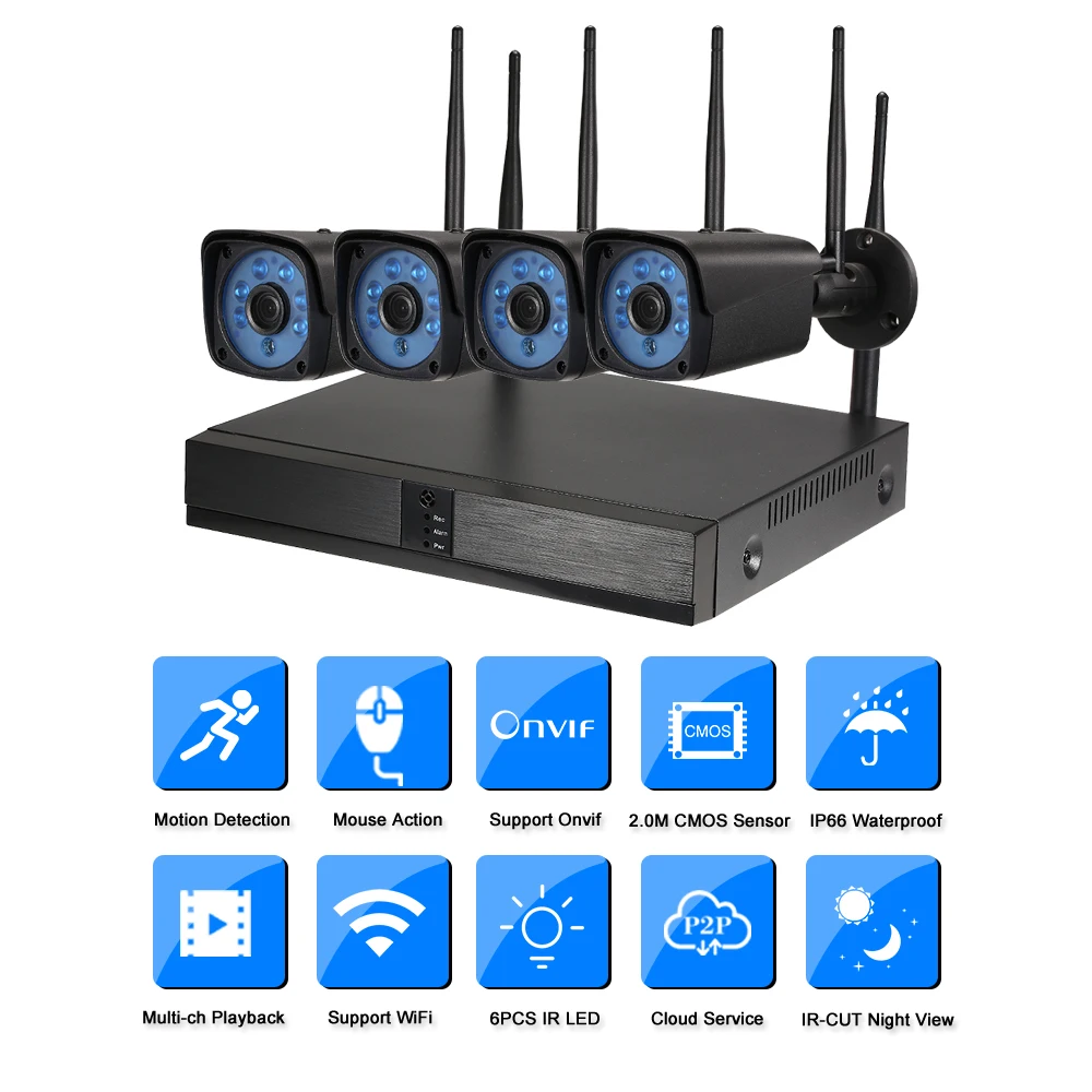 

Wifi NVR With Camera Kit 4CH Channel HD 960P Wifi NVR Network Video Recorder Wireless Wifi Weatherproof Outdoor Bullet IP Camera