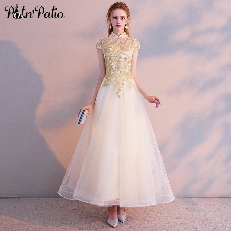 

A-line Princess Ankle-length Champagne Long Prom Dresses With Cap Sleeves Vintage High Neck Appliques Tulle Evening Gowns 2019