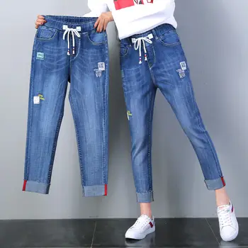 

Autumn and winter velvet, thicker waistband jeans, women's new Korean version of loose large size students nine-point Harlan pan