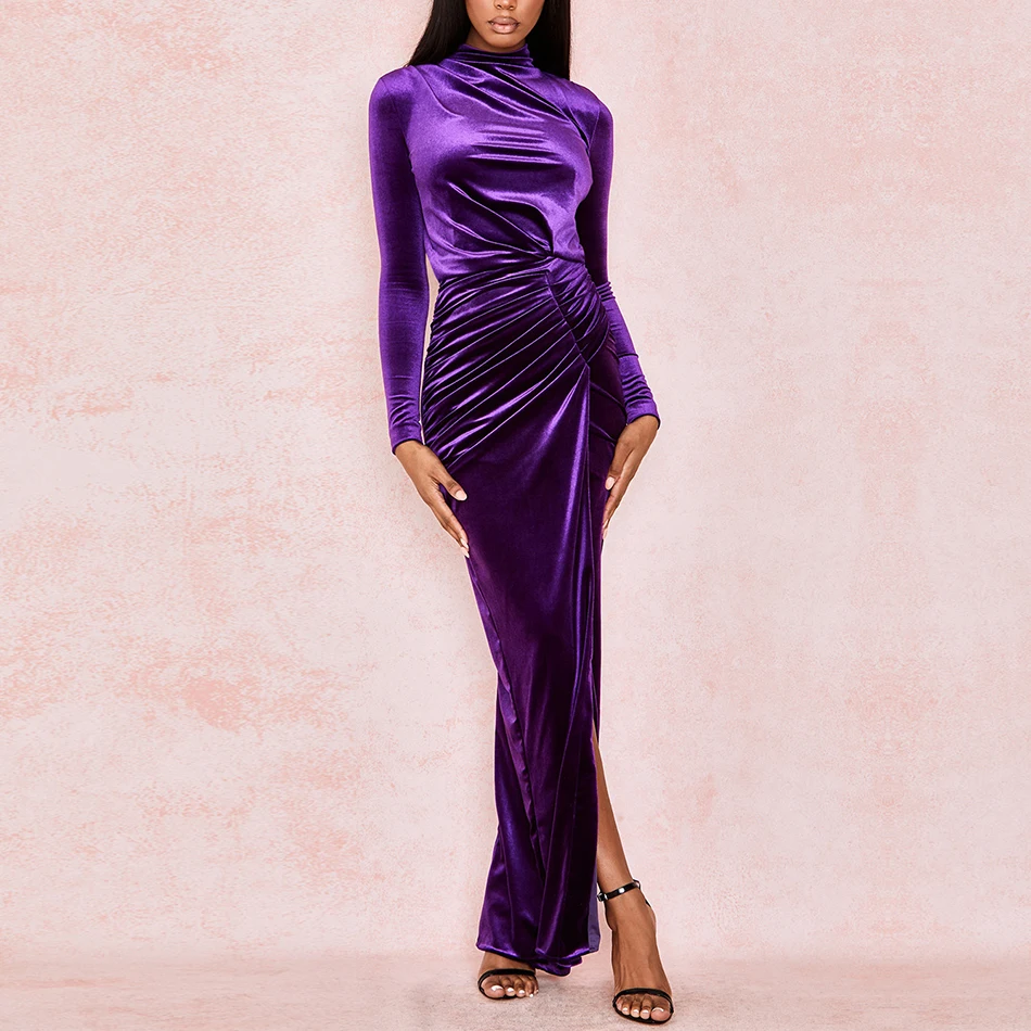 Seamyla Sexy Violet Lange Mouwen Gedrapeerde Maxi Lange Jurk Hoge Split Winter Runway Elegante 2020 Avond Club Party Jurken Vestidos Seamyla Sexy Violet Lange Mouwen Gedrapeerde Maxi Lange Jurk Hoge Split Winter Runway Elegante 2020 Avond Club Party Jurken Vestidos