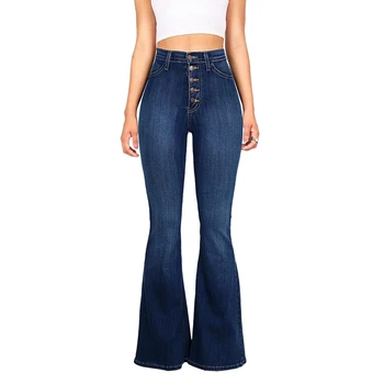 

Women Vintage High Waist Stretchy Multi Button Fit Flare Jeans Ladies Casual Washed Denim Trousers