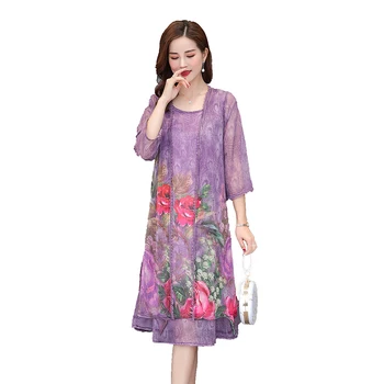 

Nice Pop Set Two Pieces Summer Dress Silk Zou Floral Print Vintage Plus Size Loose Women Long Purple VogueElegant Dress