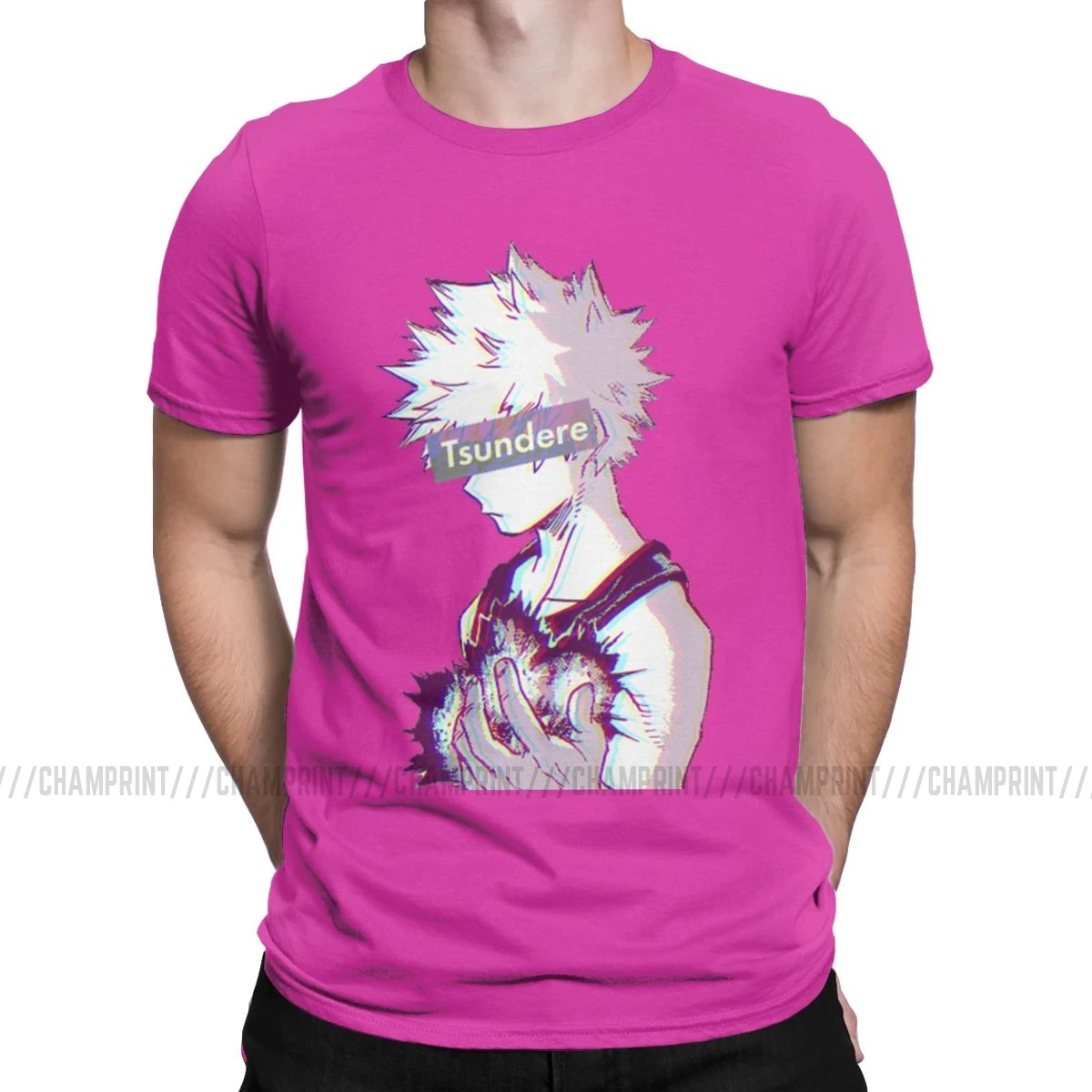 Футболки Tsundere Bakugo Boku No Hero Academy, мужские хлопковые футболки, манга izku All Might, аниме, футболки с коротким рукавом, 4XL, 5XL, 6XL, Топ - Цвет: Фуксия