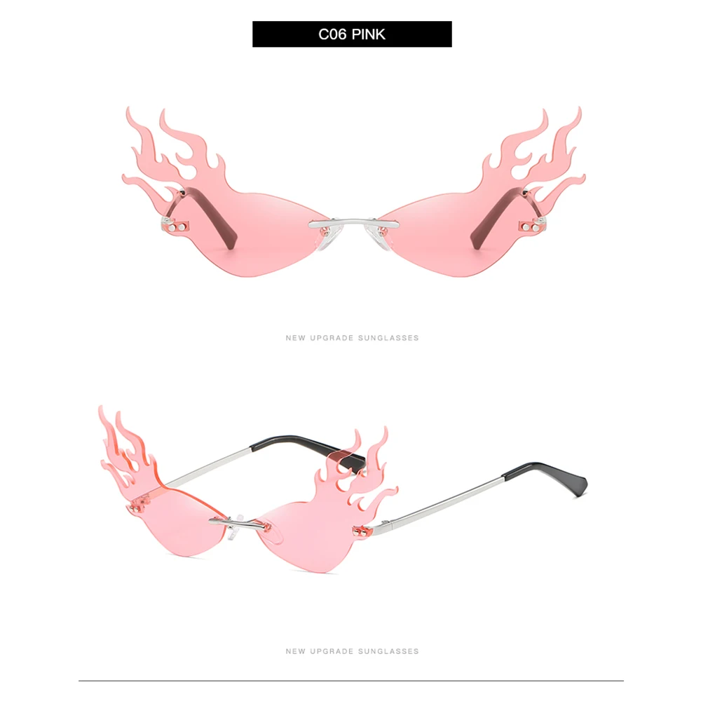 C06 Pink Модные солнцезащитные очки с огненным пламенем для женщин и мужчин, солнцезащитные очки без оправы, УФ 400, роскошные трендовые узкие солнцезащитные очки, уличная одежда - Цвет линз: C06 Pink