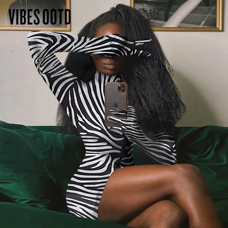 

VIBESOOTD Zebra Animal Print Fashion Mini Dress Bodycon Birthday Outfits Club Party Long Sleeve Women's Dresses Slim Vestidos