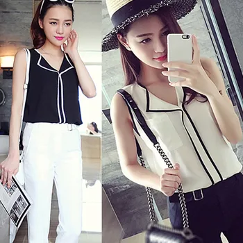 

2020 New Summer Women's Wear Is Thin And Loose, European And American Color Contrast V-neck Shirt Sleeveless Chiffon Vest