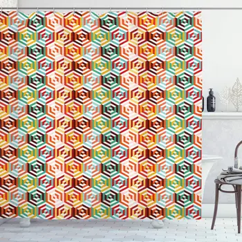 

Geometric Shower Curtain, Abstract Cubes Isometric Hexagonal Shaped Pattern Colorful Retro Design Print, Cloth Fabric Bathroom