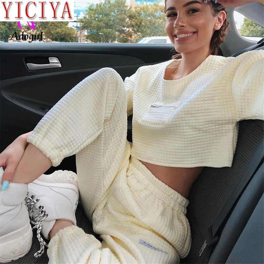 

2020 Tracksuit For Women Two Piece Soft Set summer Yellow Streetwear Short Crop Top Jogger Pants Sport Matching Sweatsuit Outfit