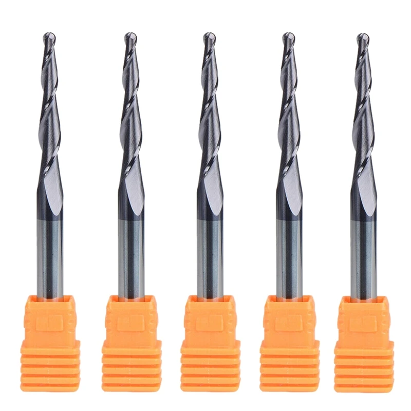 5Pcs 6mm Shank Carbide Tapered Ball Nose End Mill Bits R1.5mm 2 Flute CNC Tools