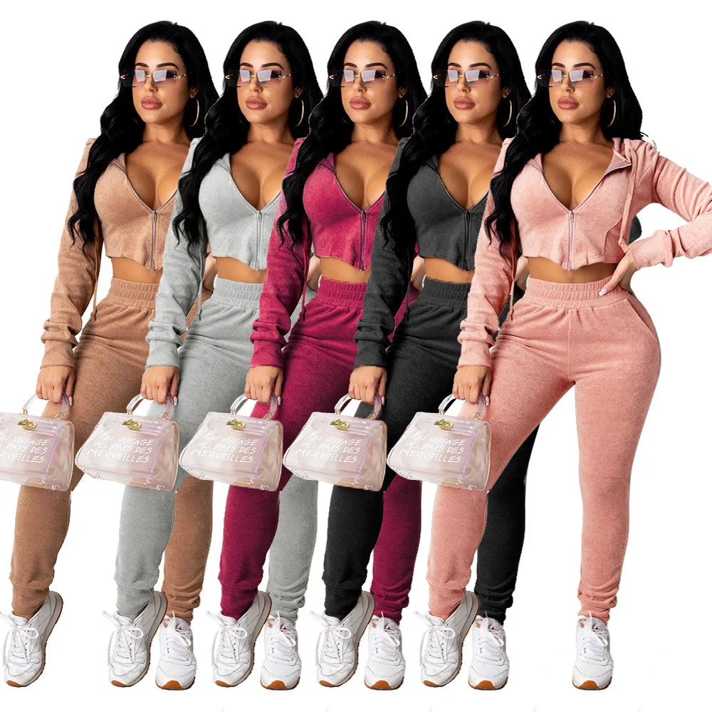 

Solid Color Zipper Drawstring Hoodie Tops And Pencil Sweatpants Jogger Women Two Piece Outfits Winter Casual Tracksuits