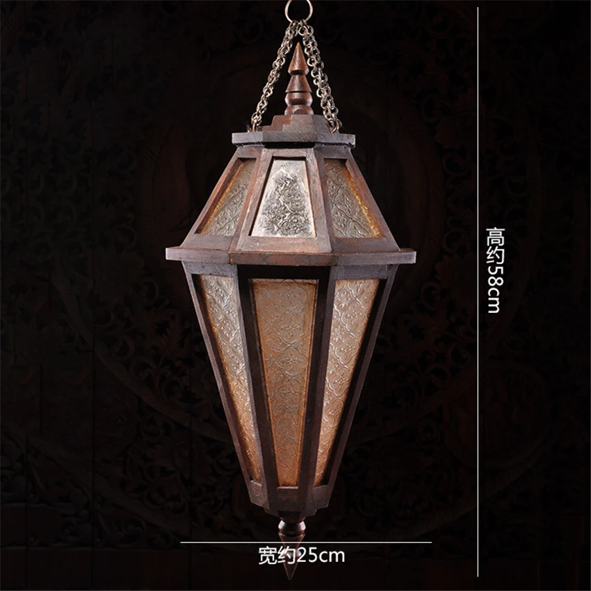 Southeast Asia Diamond-shaped Glass Pendant Lights Bedroom Bedside Lamps Thai Decoration Loft Vintage Solid Wood Hanging Lights