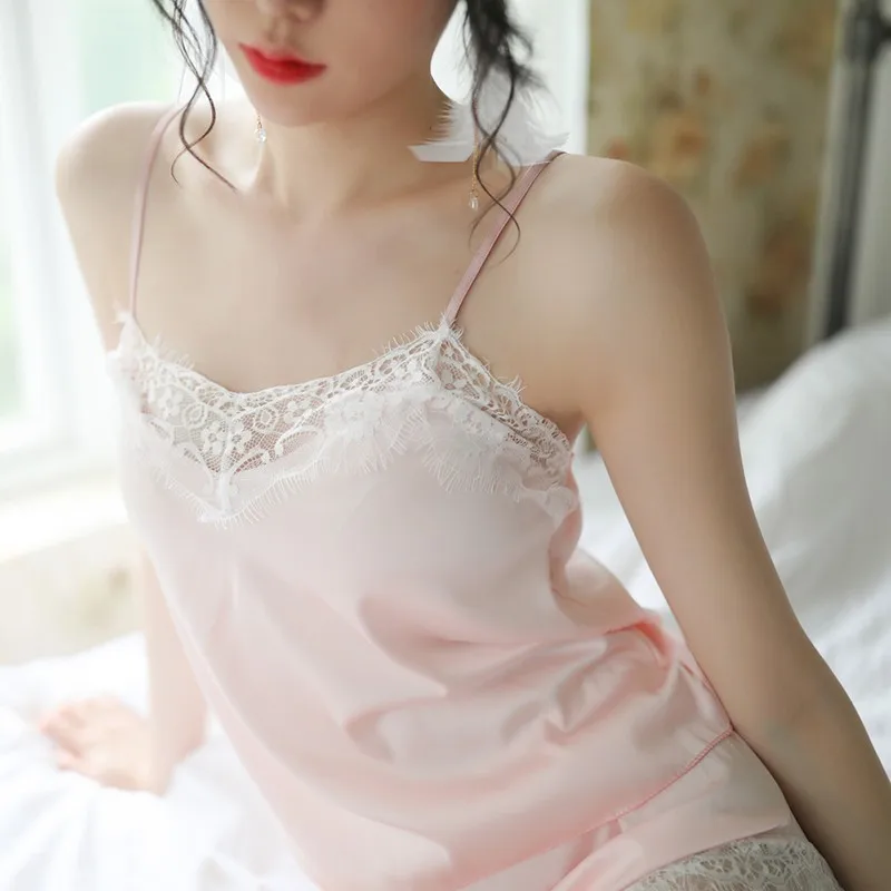 

2 Piece Women Sleepwear Silk Satin Pajamas Set Sleeveless Strap Sexy Lace Backless Sleepwear Pajamas Suit Soft Female Homewear
