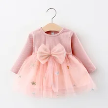 

Spring Autumn New Children Clothes Baby Girls Dresses Sweet Long-Sleeved Mesh Stitching Bow Princess Dress