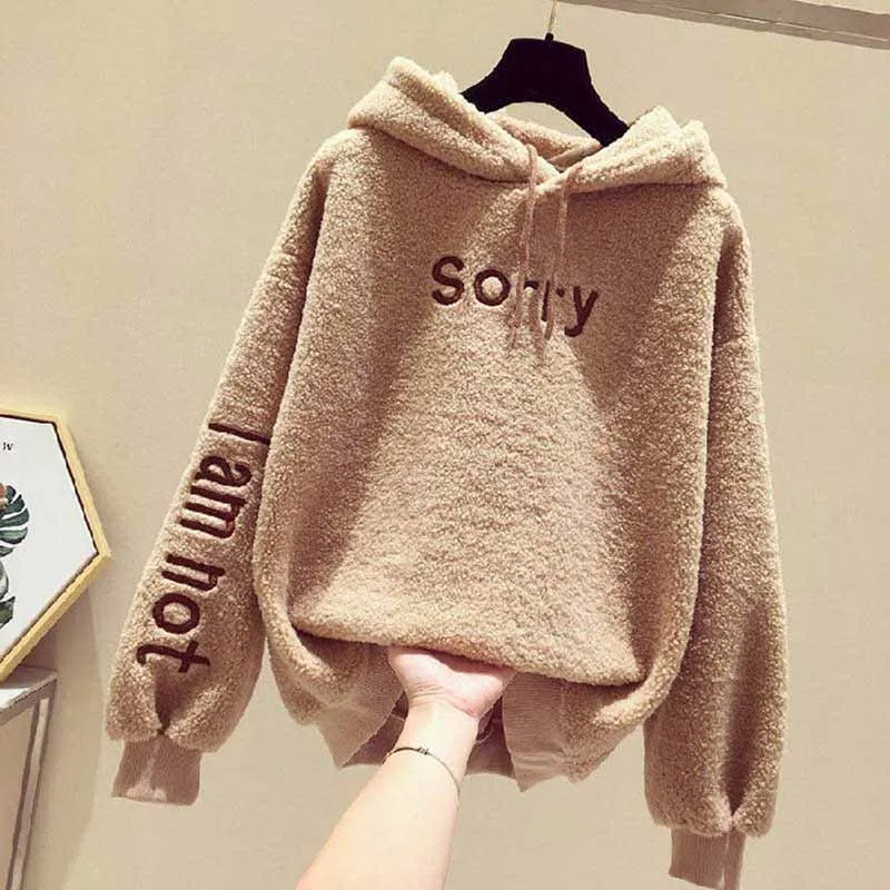 Милые толстовки с надписями Sorry, Женские однотонные флисовые толстовки с капюшоном на осень и зиму, теплые плюшевые пуловеры, повседневные свитшоты для кампуса