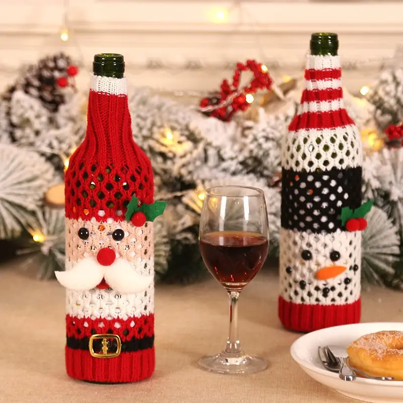 

Knitted Wine Bottle Cover Christmas Santa Claus Pattern Wine Bottle Bags Festival Dinner Table Decoration